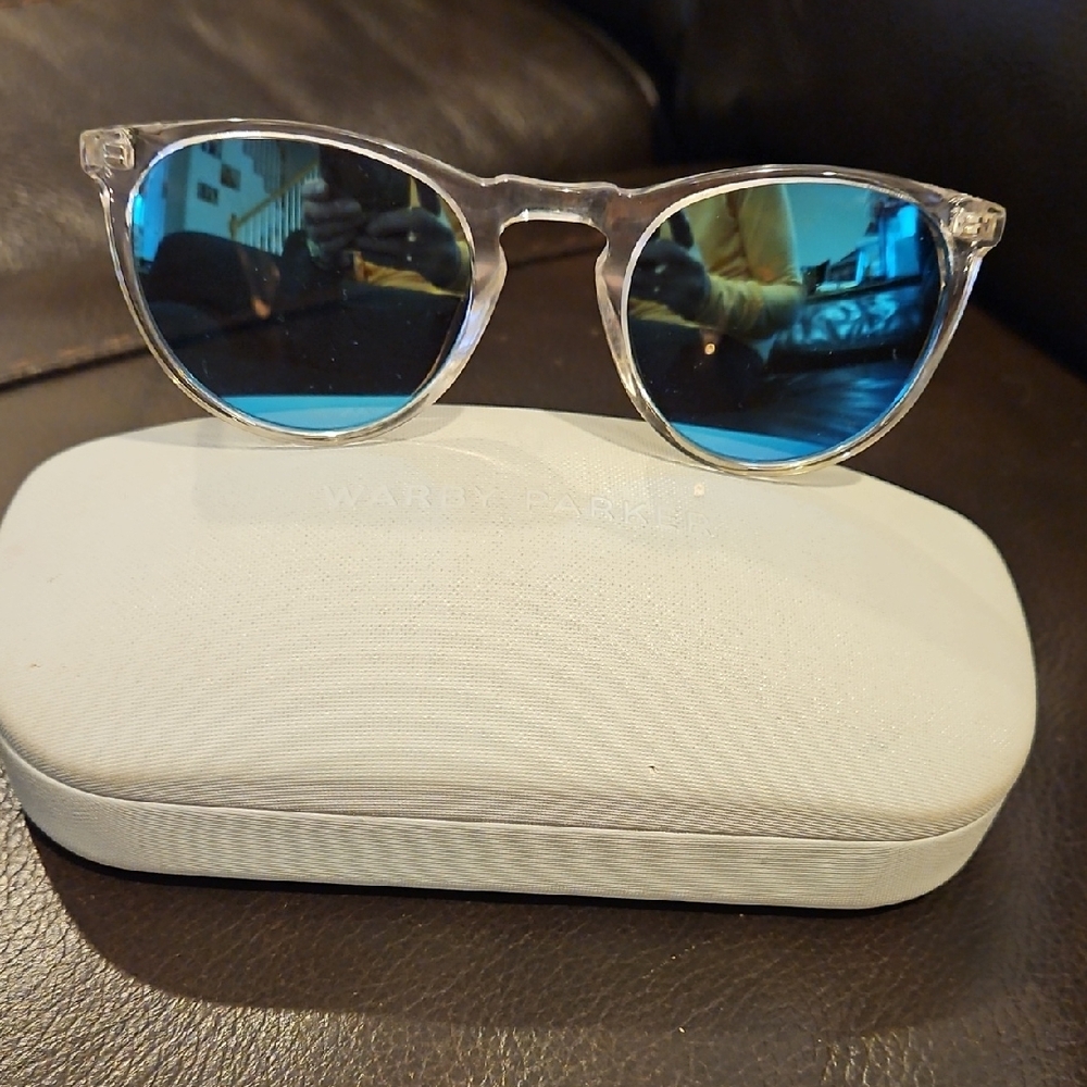 Warby Parker Transparent Frames with Teal Lenses